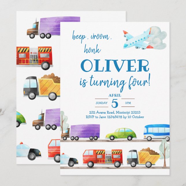 Transportation Boy Birthday Invitation (Front/Back)
