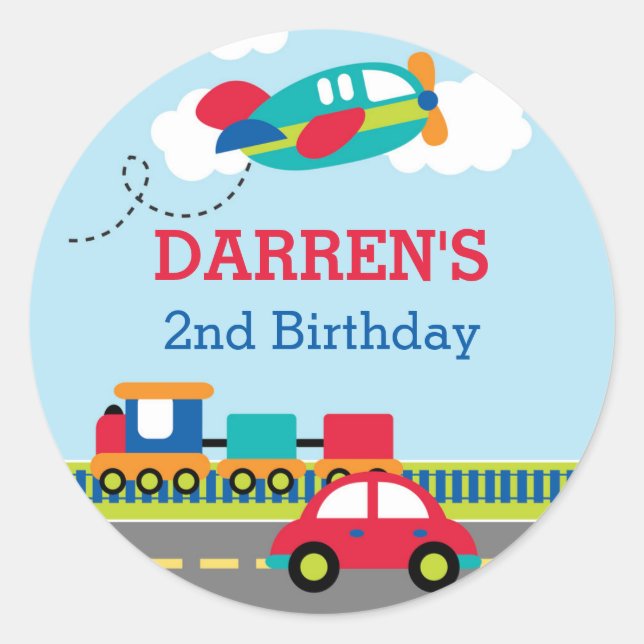Transportation Boys Birthday Favor Stickers (Front)