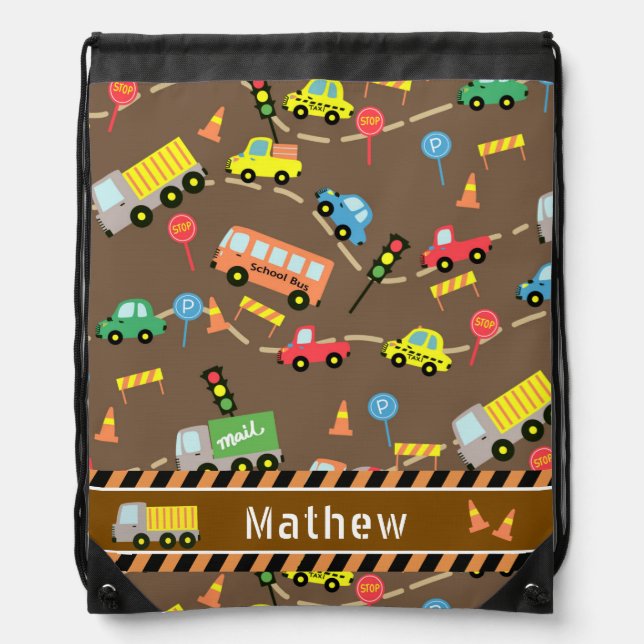 Transportation Boys Brown Drawstring Bag (Front)