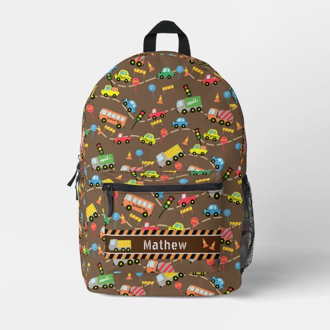 Transportation Boys Brown Printed Backpack (Front)