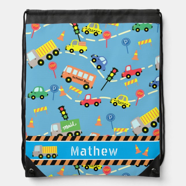 Transportation Boys Light Blue Drawstring Bag (Front)