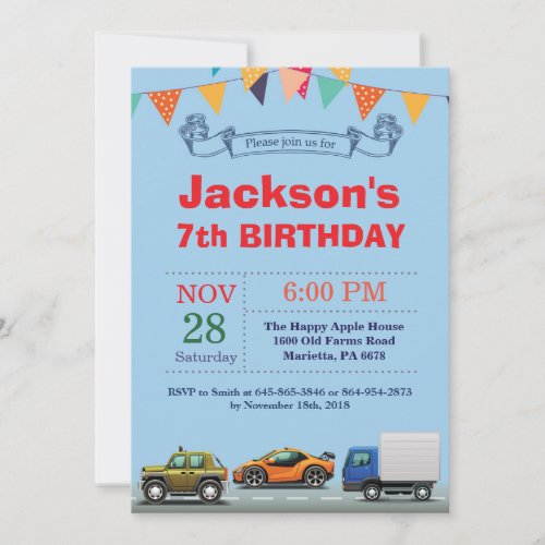 Transportation Car Truck Birthday Invitation