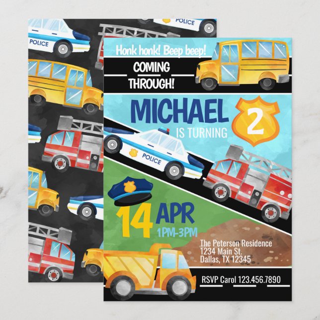 Transportation Car Truck Birthday Party Invitation (Front/Back)