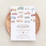Transportation Cars and Trucks Boy Birthday Party Invitation<br><div class="desc">Invite friends and family to celebrate your little one's birthday with this transportation themed invitation,  featuring cars,  trucks,  construction vehicles,  and more!</div>