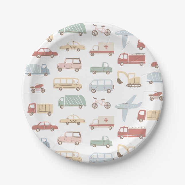 Transportation Cars and Trucks Boy Birthday Party Paper Plates (Front)