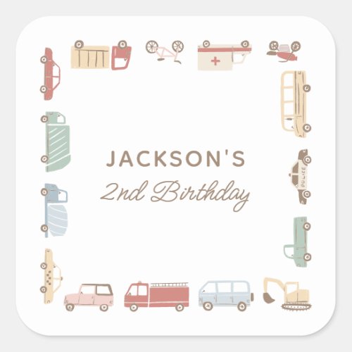 Transportation Cars and Trucks Boy Birthday Party Square Sticker