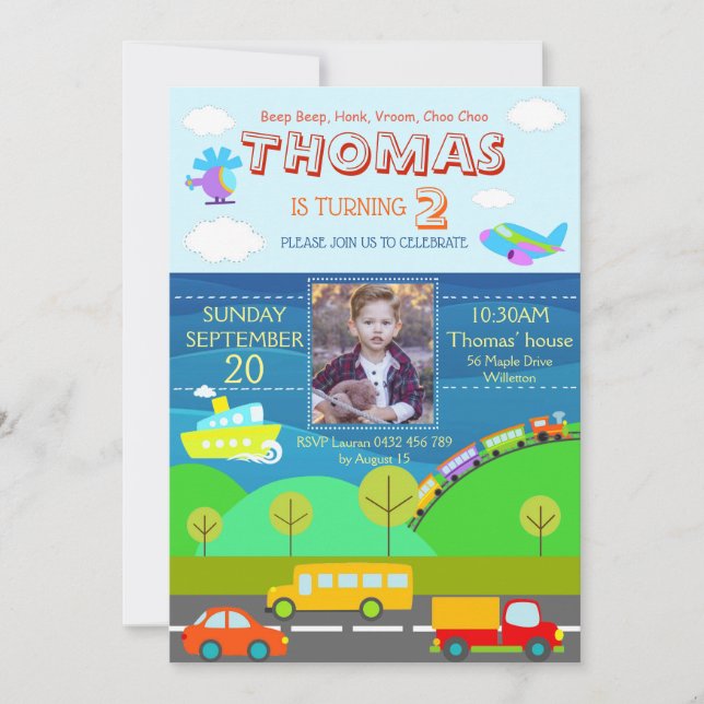 Transportation Cartoon Personalize Birthday RSVP Invitation (Front)
