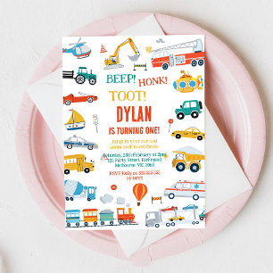 Transportation City Cars and Truck Boy Birthday Invitation