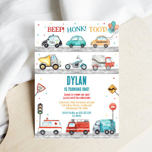 Transportation City Cars and Truck Boy Birthday Invitation