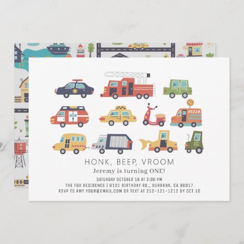 Transportation City Cars  Trucks 1st Birthday Invitation