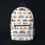 Transportation City Cars & Trucks Boy Printed Backpack<br><div class="desc">This cute and modern transportation boy's backpack features a white background with vehicles such as a police car, fire truck, car, first aid, taxi, pizza truck, moped, school bus, garbage truck, excavator, and tractor. Change your background color and personalize for your needs. You can find more matching products at my...</div>