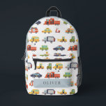 Transportation City Cars & Trucks Boy Printed Backpack<br><div class="desc">This cute and modern transportation boy's backpack features a white background with vehicles such as a police car, fire truck, car, first aid, taxi, pizza truck, moped, school bus, garbage truck, excavator, and tractor. Change your background color and personalize for your needs. You can find more matching products at my...</div>