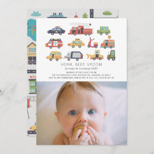 Transportation City Cars Trucks Photo 1st Birthday Invitation