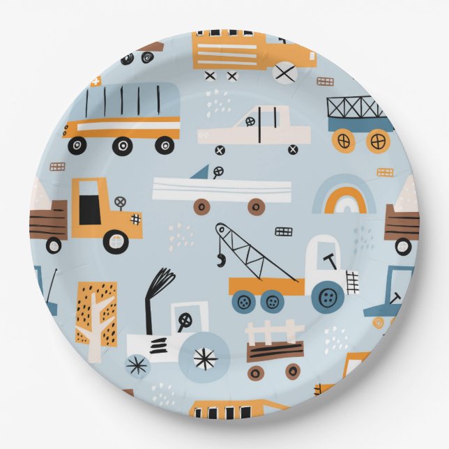 Transportation Hand drawn toy cars Birthday Paper Plates (Front)