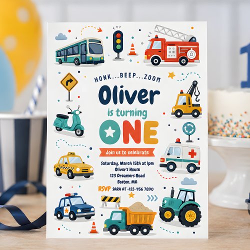 Transportation Truck Car First Birthday  Invitation