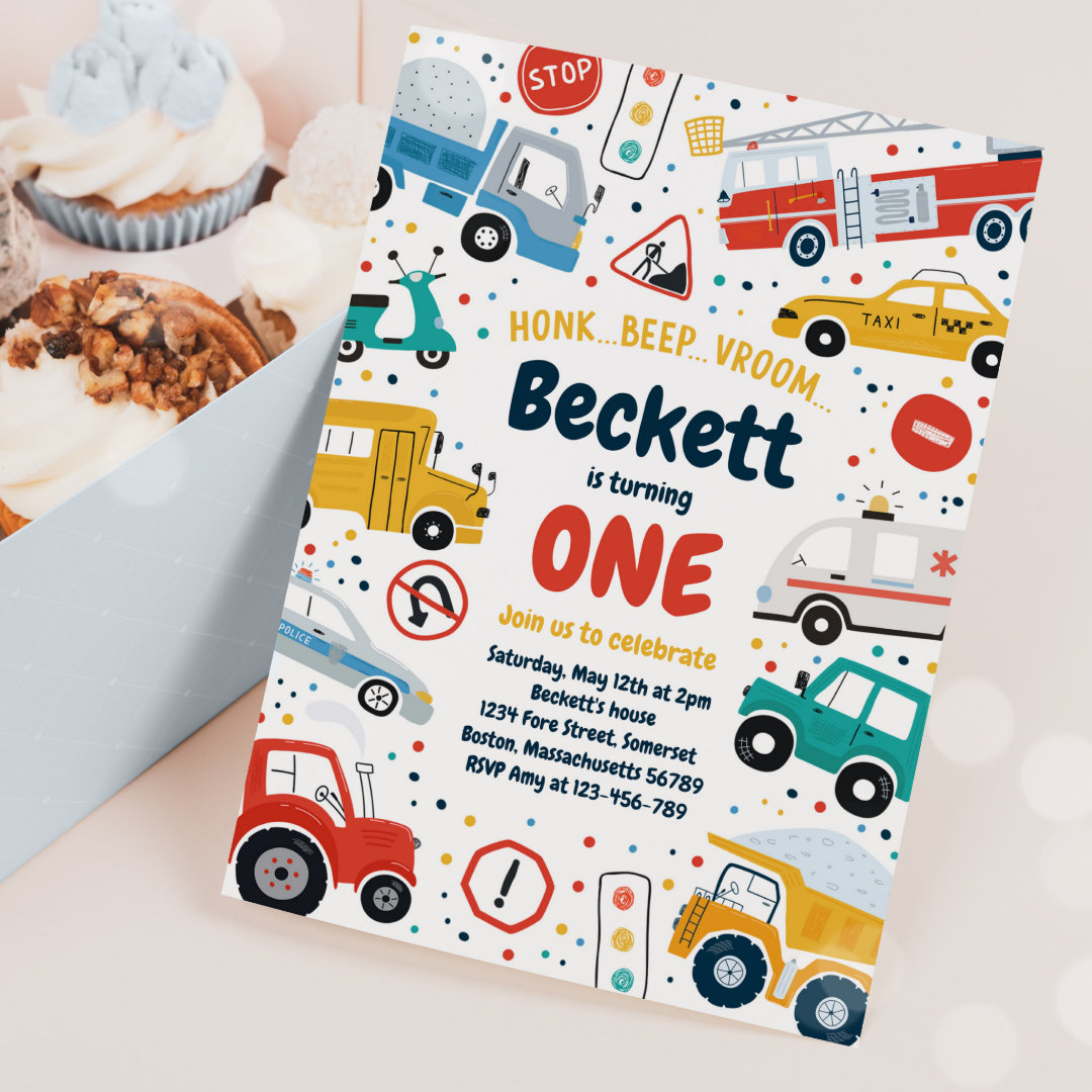 Transportation Trucks Diggers Cars Birthday Party Invitation