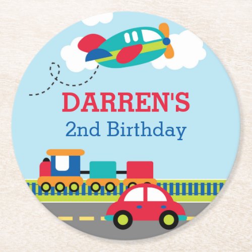 Transportation  Vehicle Boys Birthday Round Paper Coaster