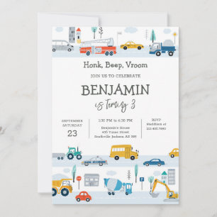 Transportation Vehicle Kids Birthday Invitation