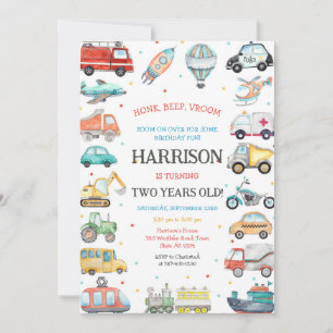 Transportation Vehicle Kids Birthday Invitation