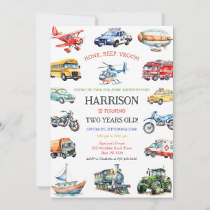 Transportation Vehicle Kids Birthday Invitation