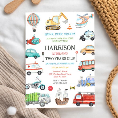 Transportation Vehicle Kids Birthday Invitation