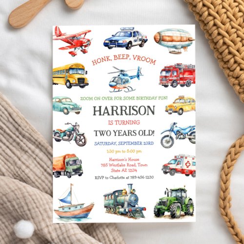 Transportation Vehicle Kids Birthday Invitation