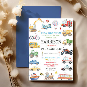 Transportation Vehicle Kids Birthday Invitation