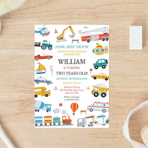 Transportation Vehicle Kids Birthday Invitation