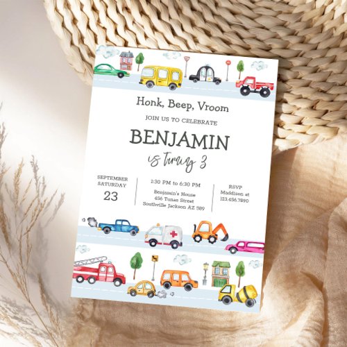 Transportation Vehicle Kids Birthday Invitation