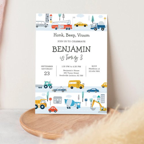 Transportation Vehicle Kids Birthday Invitation