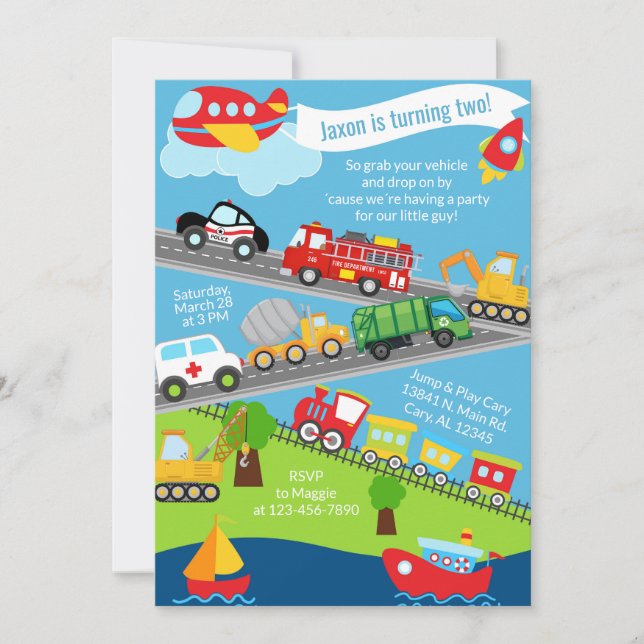 Transportation vehicles boy birthday invite. invitation (Front)