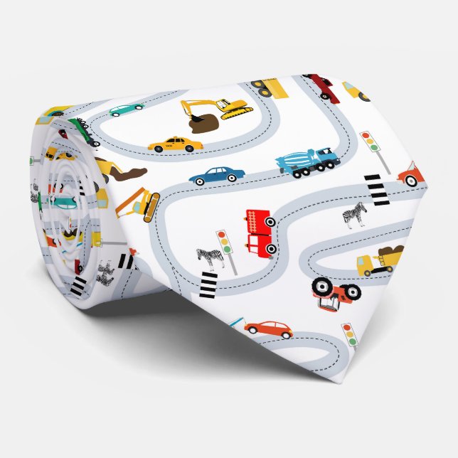 Transportation Vehicles Cars Trucks Road Boys Neck Tie (Rolled)