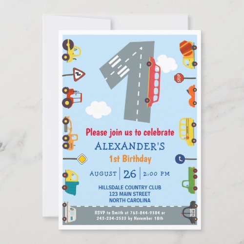 Transportations 1st Birthday Cars Party Invitation