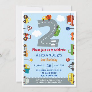 Transportations 2nd Birthday Party Invitation