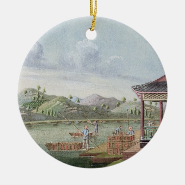 Transporting crates of tea (w/c on paper) ceramic ornament (Front)