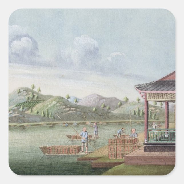 Transporting crates of tea (w/c on paper) square sticker (Front)