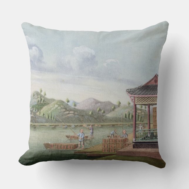 Transporting crates of tea (w/c on paper) throw pillow (Front)