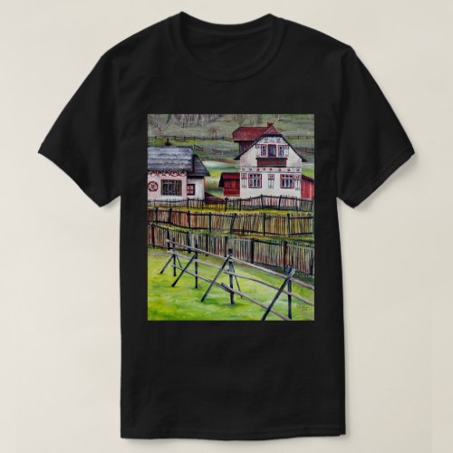 Transylvania Village Romanian Scenery Painting T_Shirt