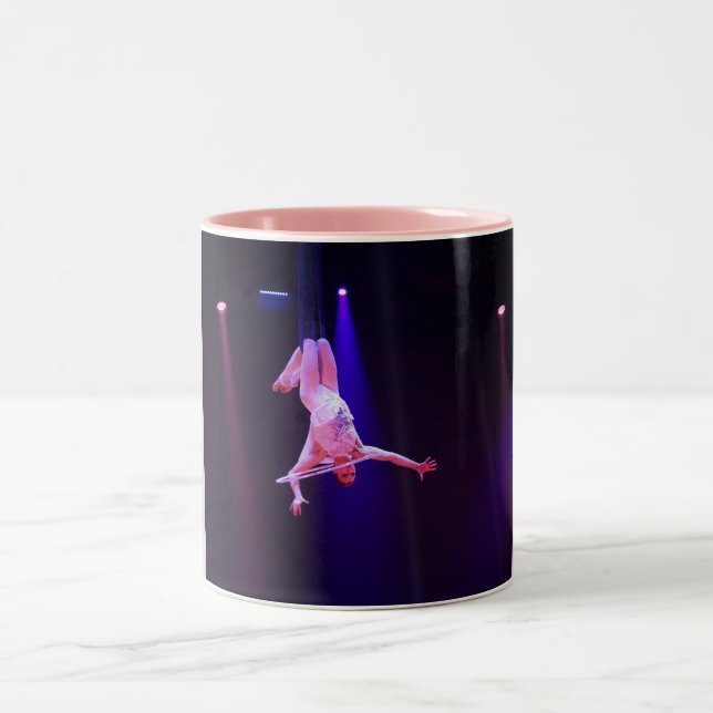 Trapeze flying girl two toned coffee mug. Two-Tone coffee mug (Center)