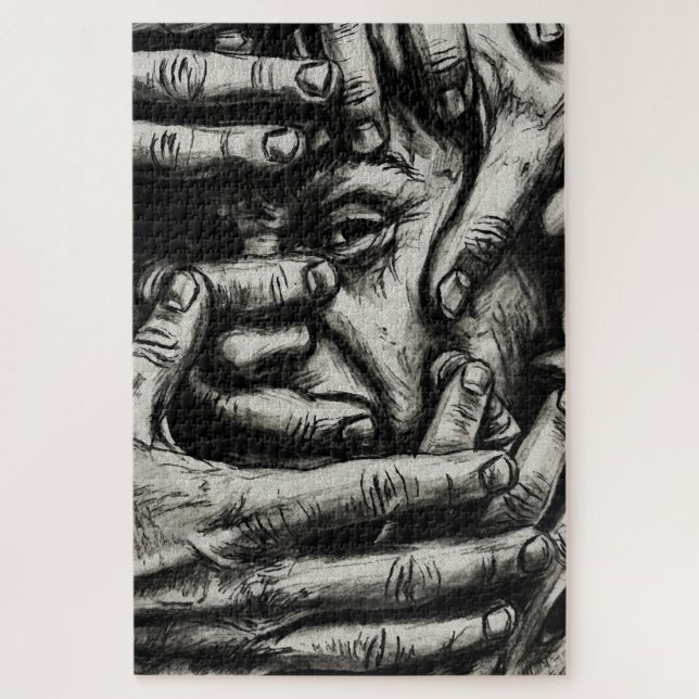 Trapped Thoughts – Charcoal Hands Black and White Jigsaw Puzzle (Vertical)
