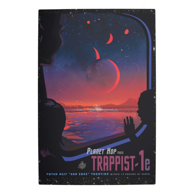 TRAPPIST-1 System Planet 1e retro space tourism ad Metal Print (Front)