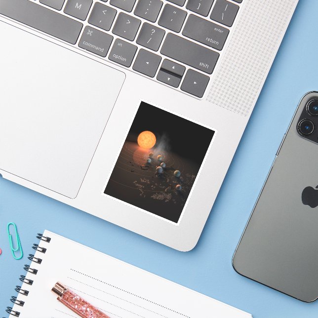 Trappist-1's Seven Planets In Orbit Around Star. Sticker (Laptop w/ iPhone)