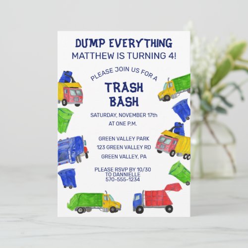Trash Bash Garbage Trucks Boys Birthday Party Invitation