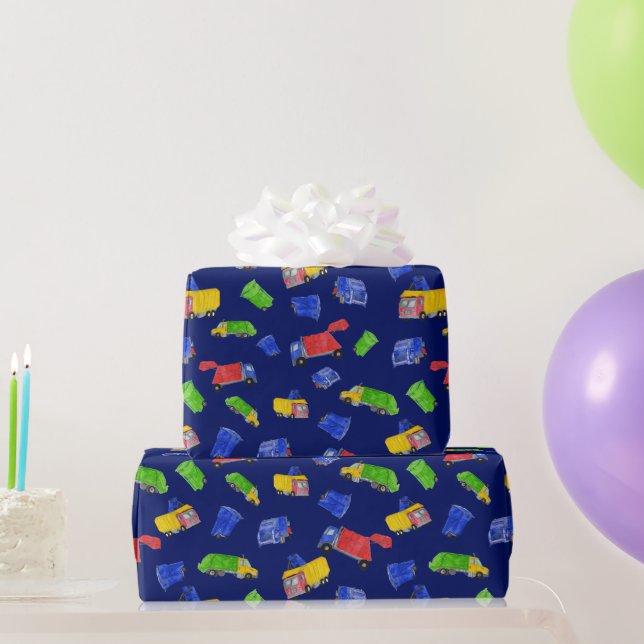 Trash Bash Garbage Trucks Patterned Blue Wrapping Paper (Party Gifts)