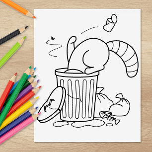 Trash Can Raccoon Coloring Page Rubber Stamp
