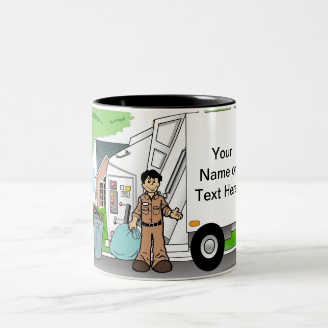 Trash Collector, Sanitation Dept - Male Cartoon Two-Tone Coffee Mug (Center)