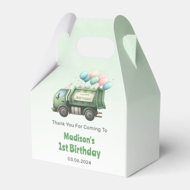 Trash Garbage Truck 1st Birthday Party Favor Boxes (Front Side)