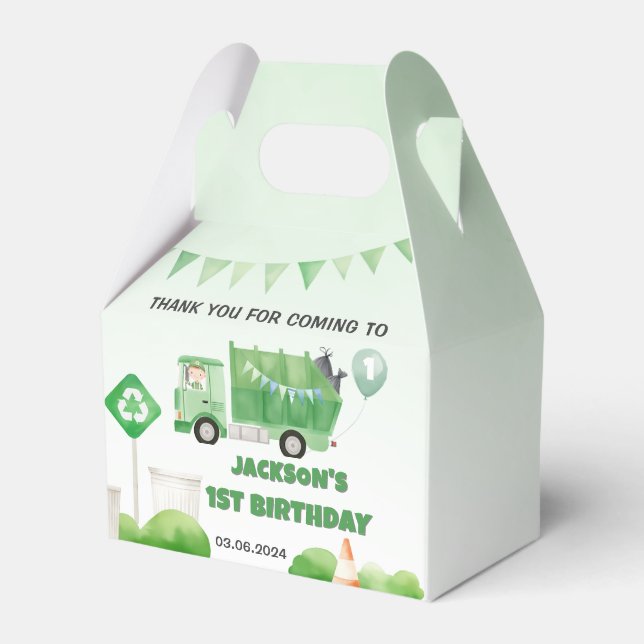 Trash Garbage Truck 1st Birthday Party Favor Boxes (Front Side)