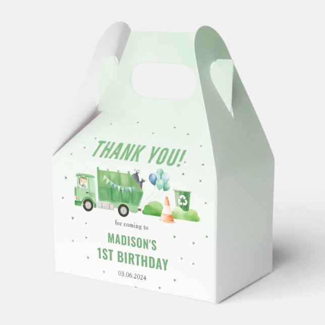 Trash Garbage Truck 1st Birthday Party Favor Boxes (Front Side)