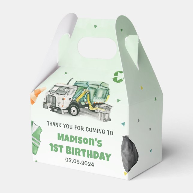 Trash Garbage Truck 1st Birthday Party Favor Boxes (Front Side)